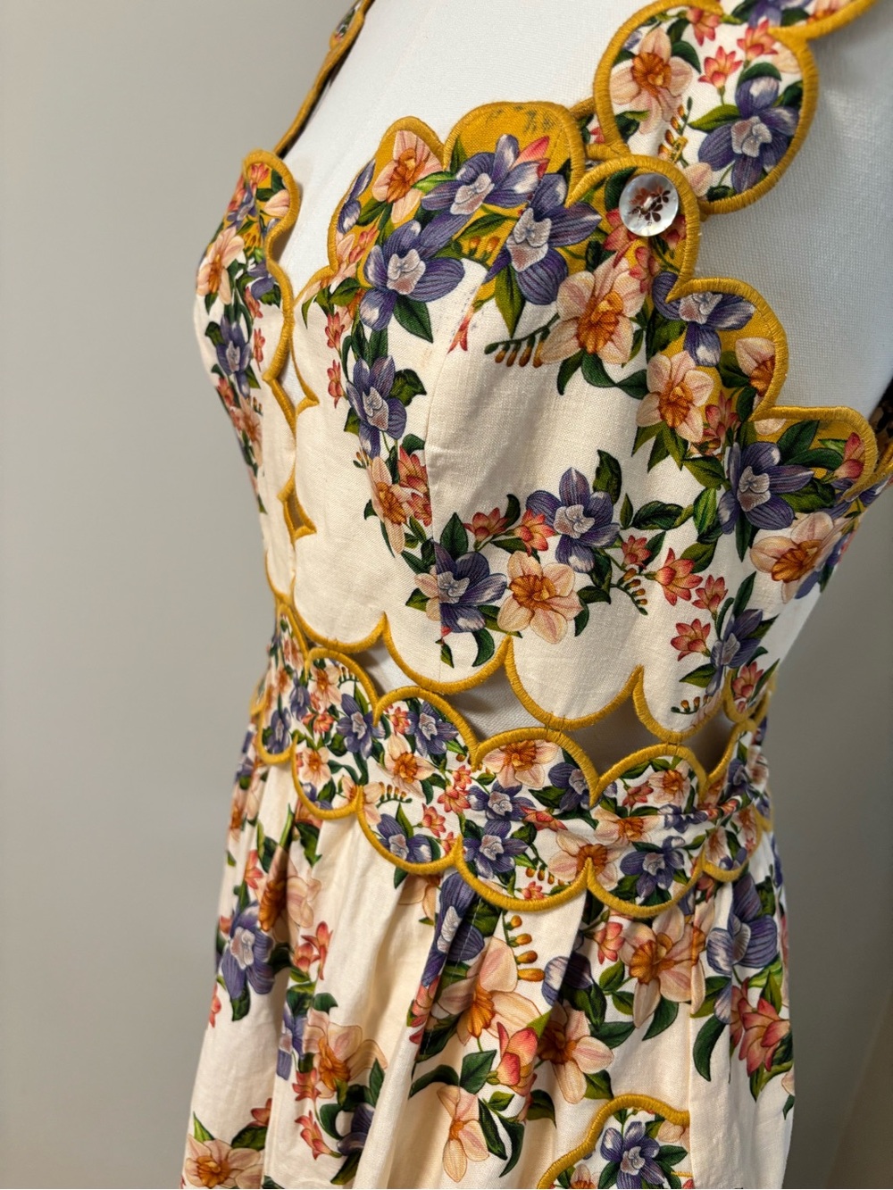 NWT Farm Rio Hilo Stripes Sand Floral Scalloped Midi Dress Small Pockets Linen - Picture 6 of 12